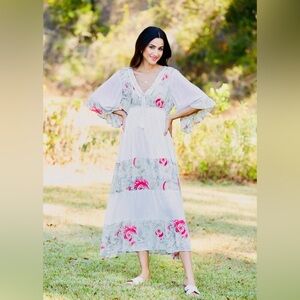 Vegan Fair Trade flowy white tiered, floral bohemian maxi dress